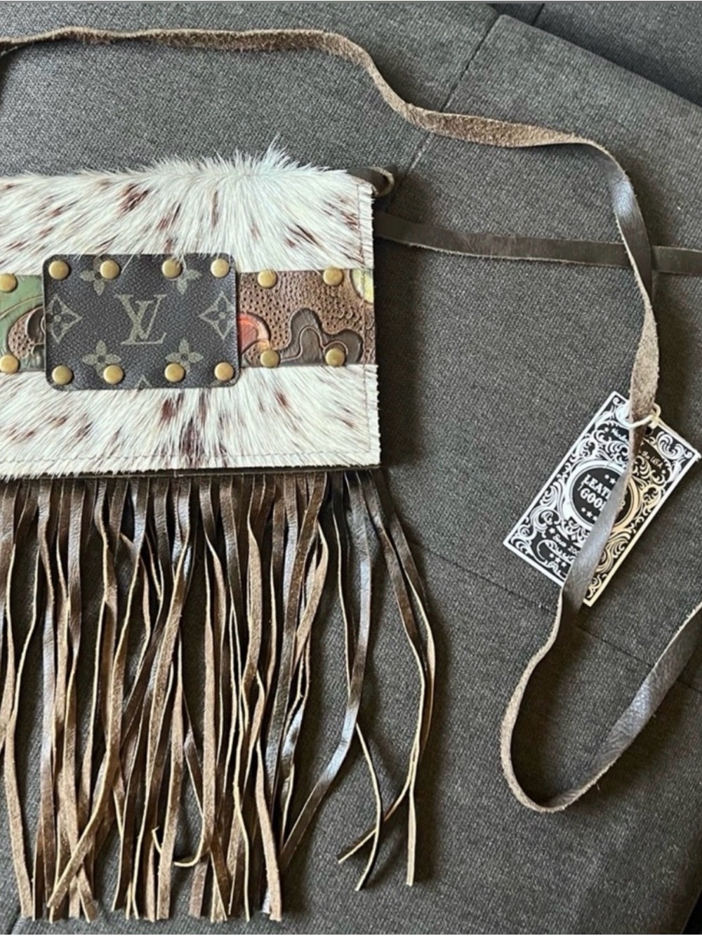 “Keep It Gypsy” Upcycled LV Bifold Wallet Crossbody with Bottom Fringe. Auth.